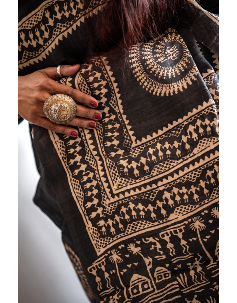 Warli Painted Black Tussar Silk Saree