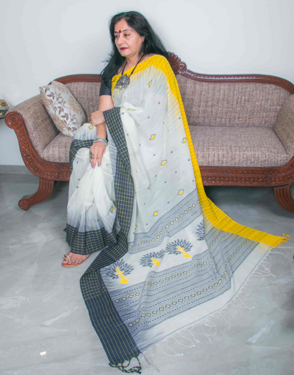 White & Yellow Soft Cotton Saree