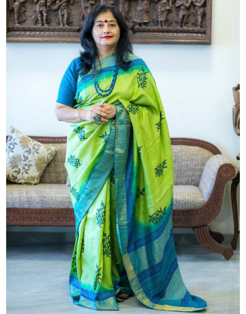 Green and Blue Tussar Silk Saree