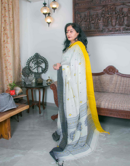 White & Yellow Soft Cotton Saree