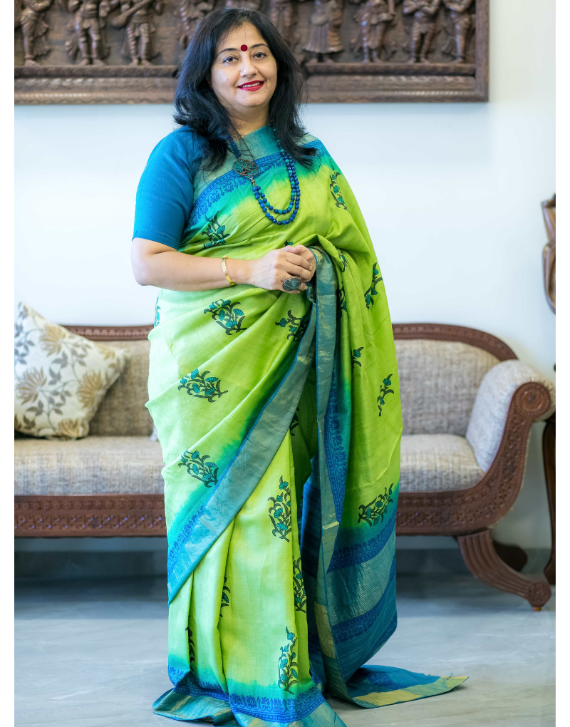 Green and Blue Tussar Silk Saree