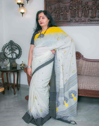 White & Yellow Soft Cotton Saree