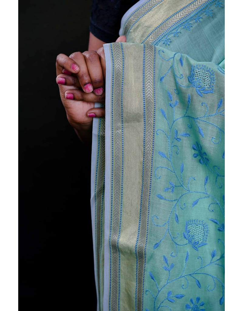 Maheshwari Saree (Light Green & Blue)