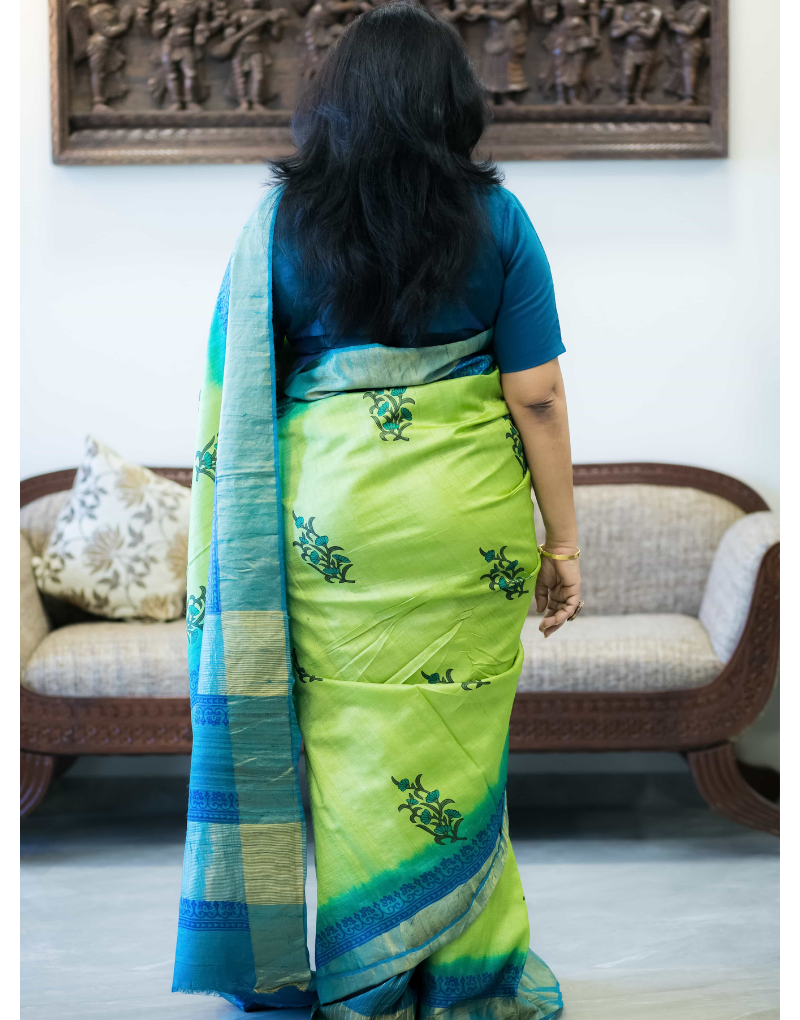 Green and Blue Tussar Silk Saree