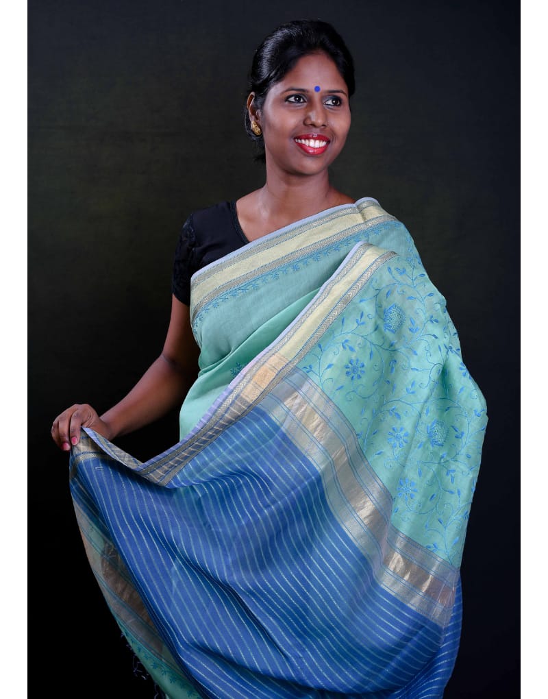 Maheshwari Saree (Light Green & Blue)