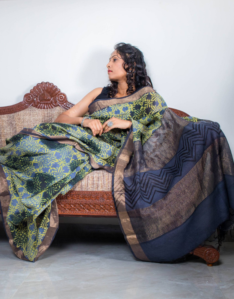 Grey & Green Bapta Silk Saree