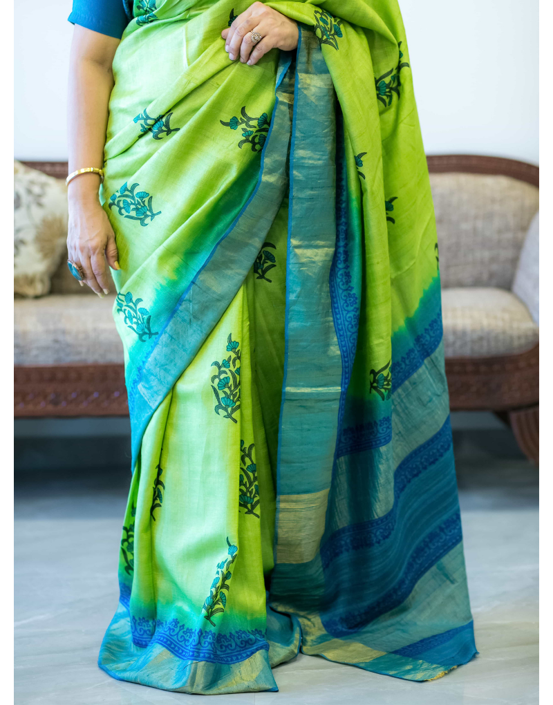 Green and Blue Tussar Silk Saree