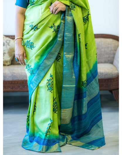 Green and Blue Tussar Silk Saree