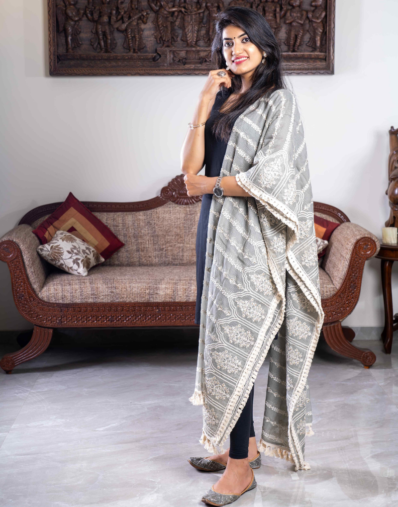 Grey and Creamy White Soft Cotton Embroidery Dupatta