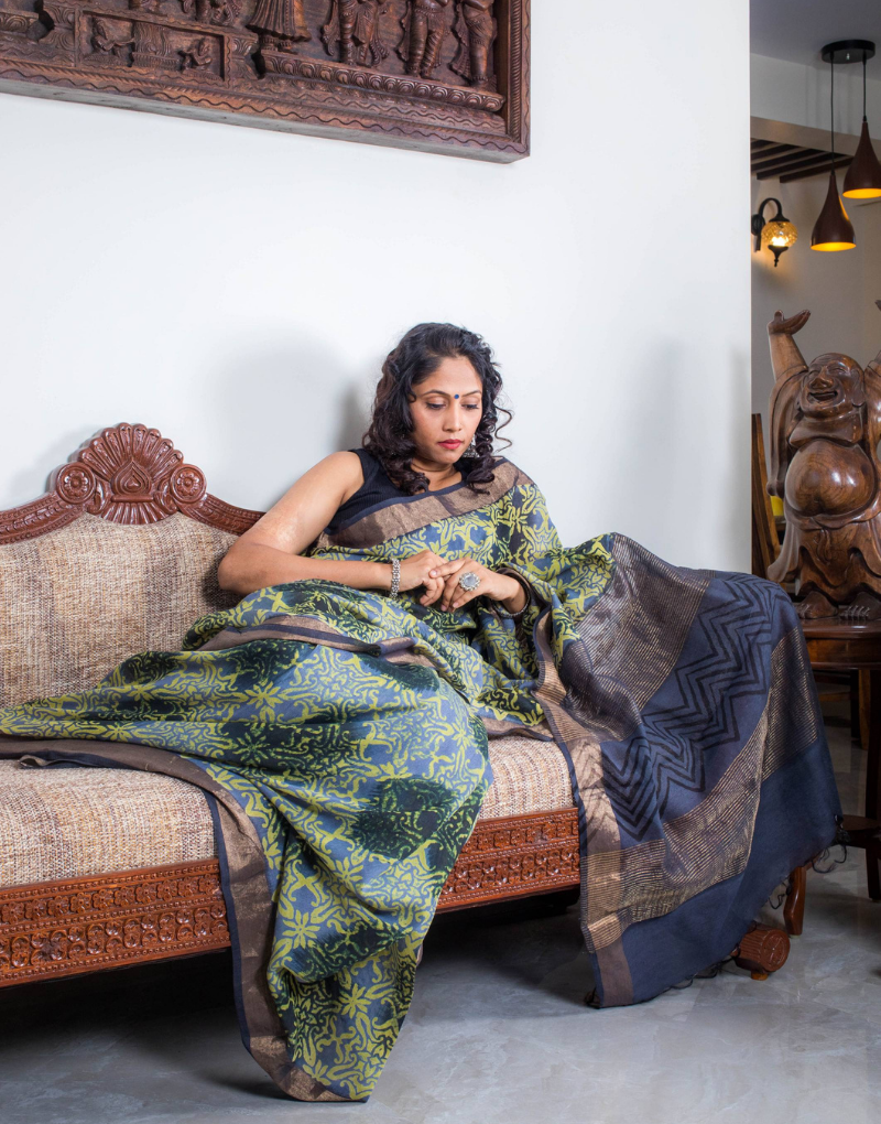 Grey & Green Bapta Silk Saree