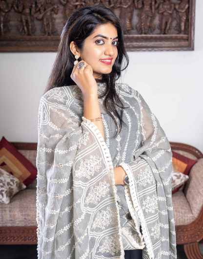 Grey and Creamy White Soft Cotton Embroidery Dupatta