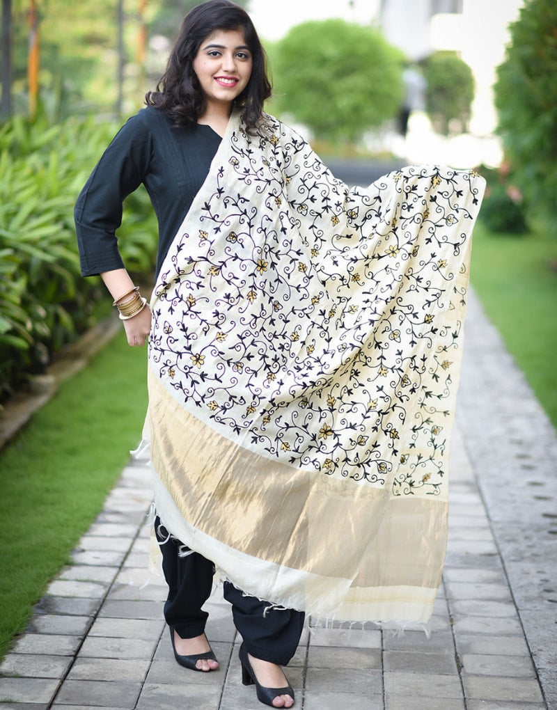 Tussar Dupatta With Black Embroidery With All Over Jaal