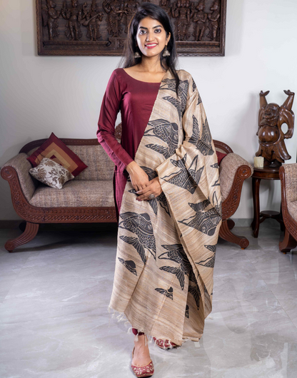 Geecha Beige and  Black Pomphret Dupatta