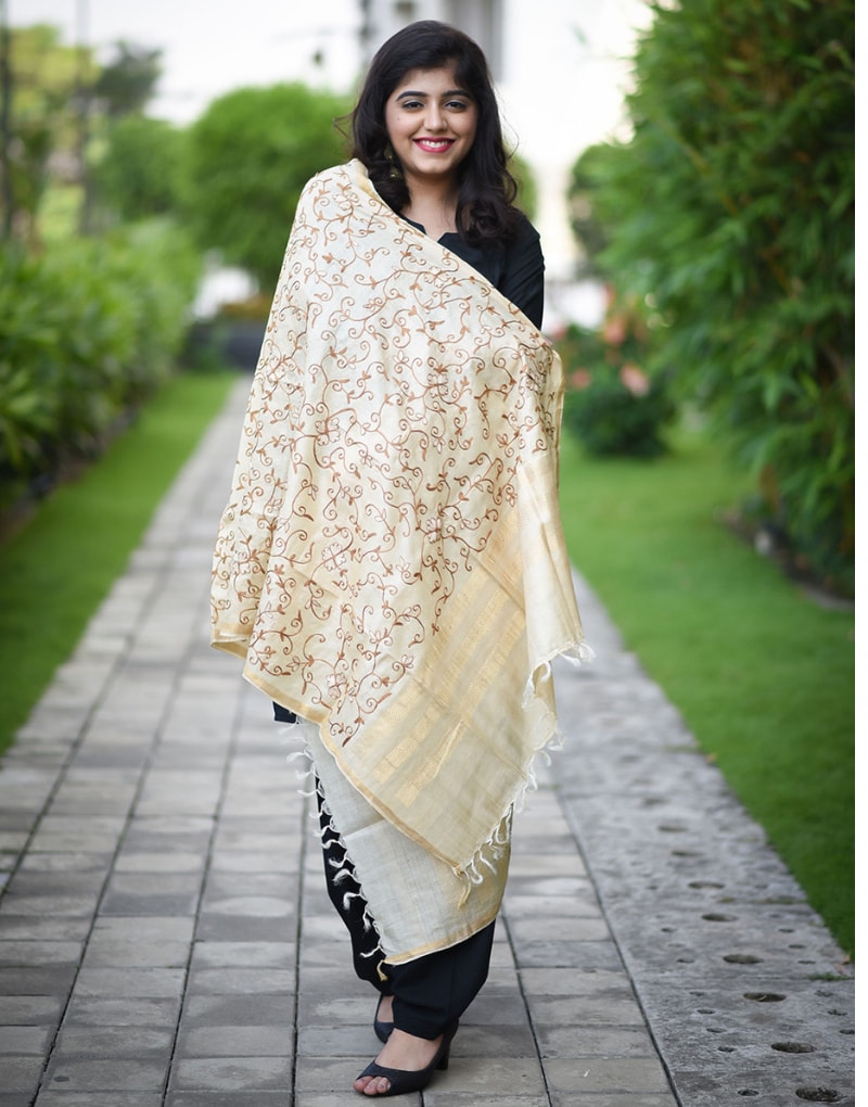 Tussar Dupatta With Beige Embroidery All Over Jaal