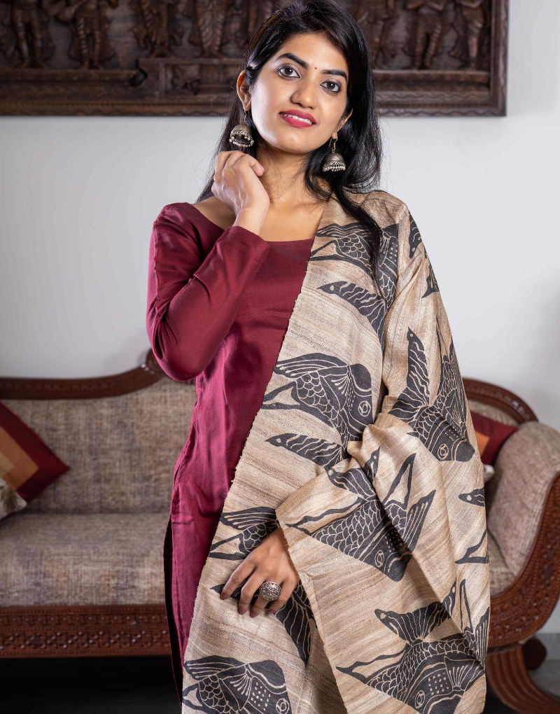 Geecha Beige and  Black Pomphret Dupatta