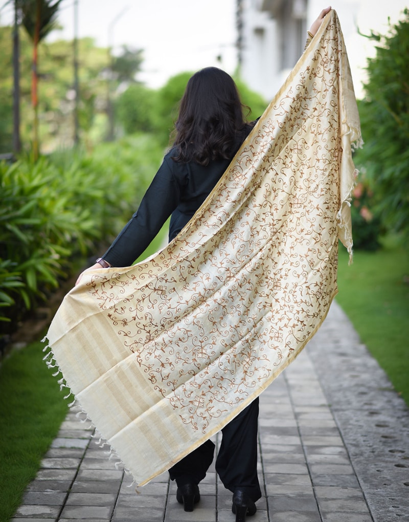 Tussar Dupatta With Beige Embroidery All Over Jaal