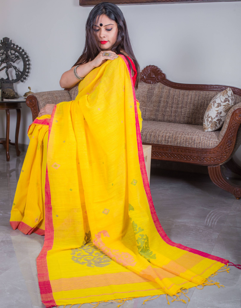 Yellow Jamdani  Soft Cotton Saree