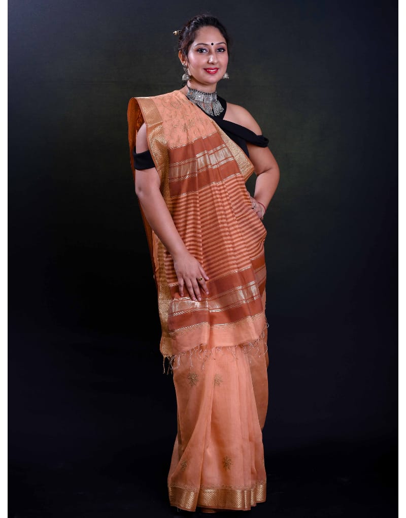 Maheshwari Saree (Peach & Brown)