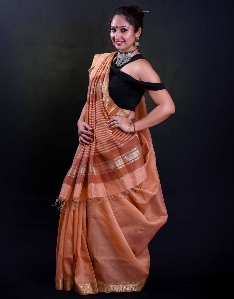 Maheshwari Saree (Peach & Brown)