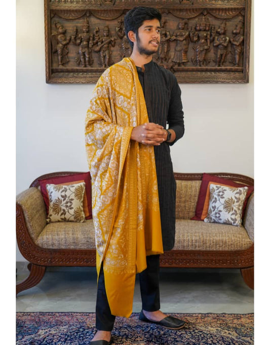 Mustard with silver and gold embroidery Stole