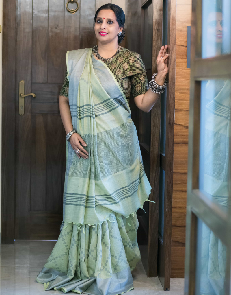 Grey & Green Tussar Cotton Saree