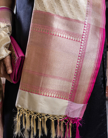 Cream Benarsi Silk Pink Border dupatta