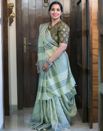 Grey & Green Tussar Cotton Saree