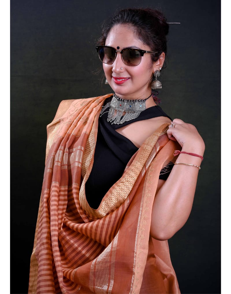 Maheshwari Saree (Peach & Brown)