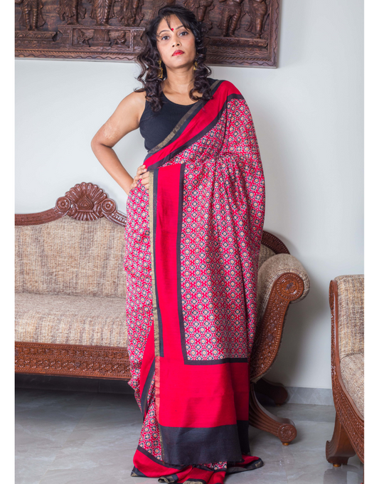 Red Moonga Tussar Saree with Patola Print