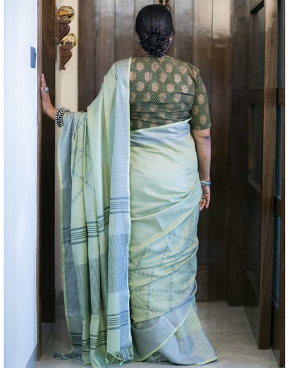 Grey & Green Tussar Cotton Saree