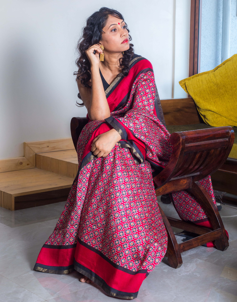 Red Moonga Tussar Saree with Patola Print