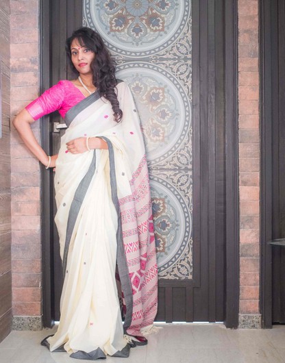 White and Purple Bhulia Cotton Saree