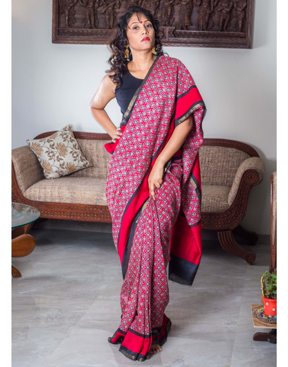 Red Moonga Tussar Saree with Patola Print