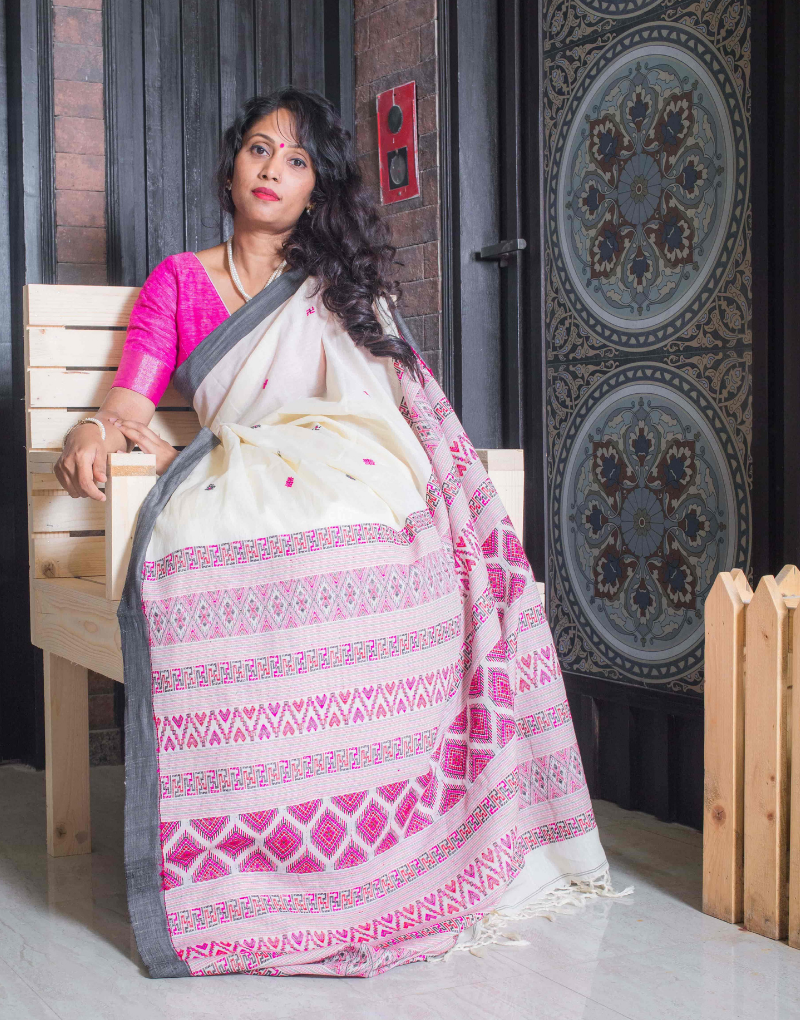 White and Purple Bhulia Cotton Saree