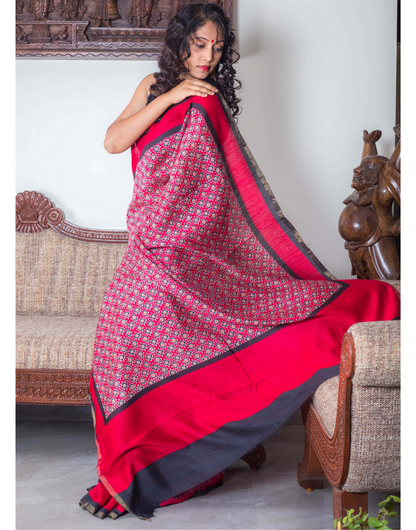 Red Moonga Tussar Saree with Patola Print