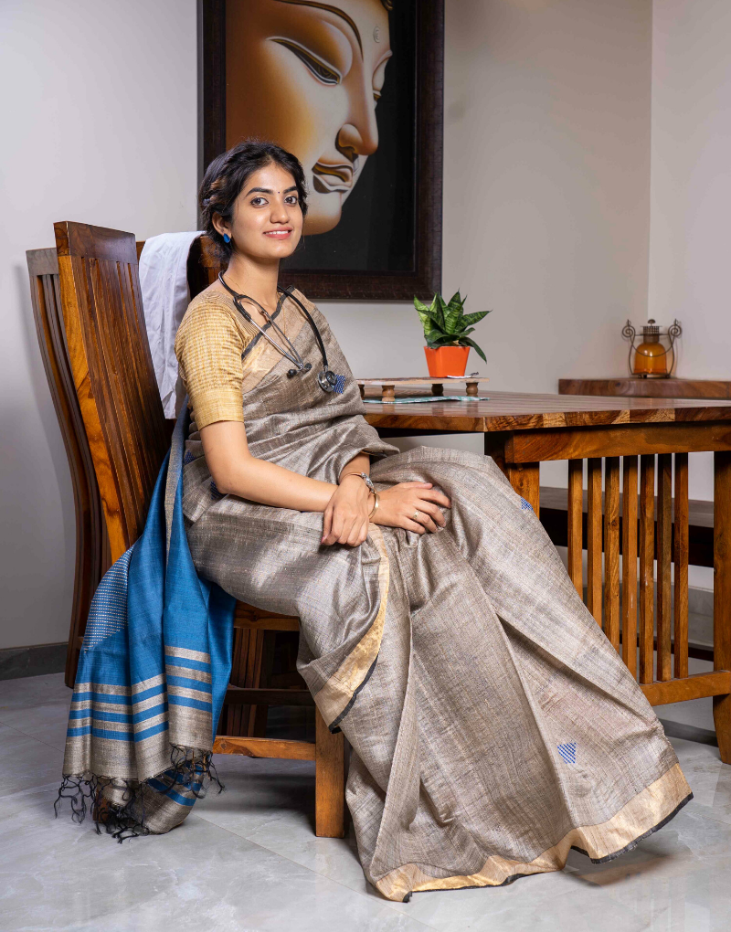 Teal Blue & Beige Tussar Silk Saree