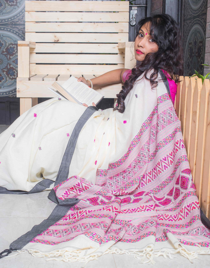 White and Purple Bhulia Cotton Saree