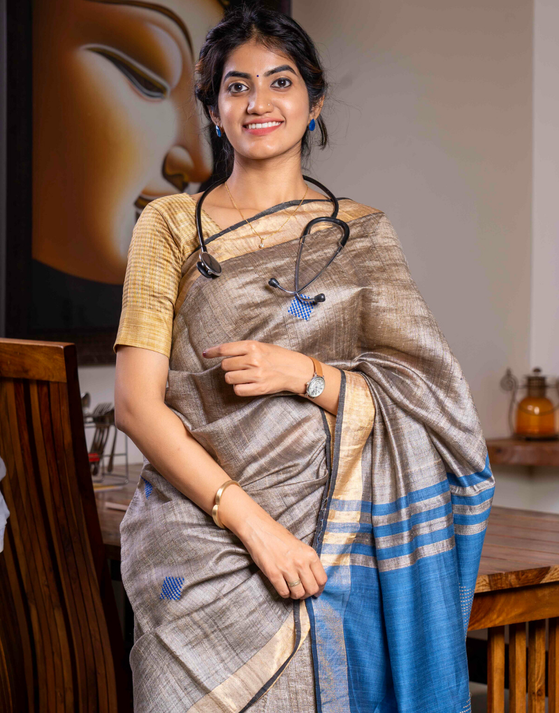 Teal Blue & Beige Tussar Silk Saree