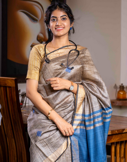 Teal Blue & Beige Tussar Silk Saree