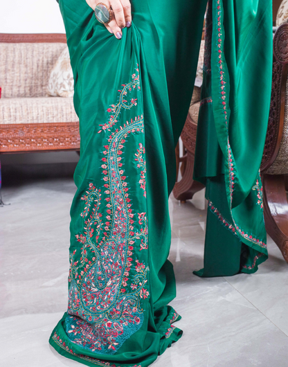 Emerald Green Crepe Saree with Kashmiri Work