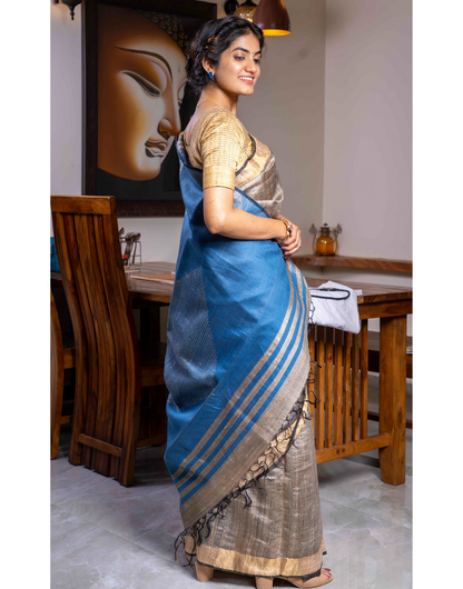 Teal Blue & Beige Tussar Silk Saree