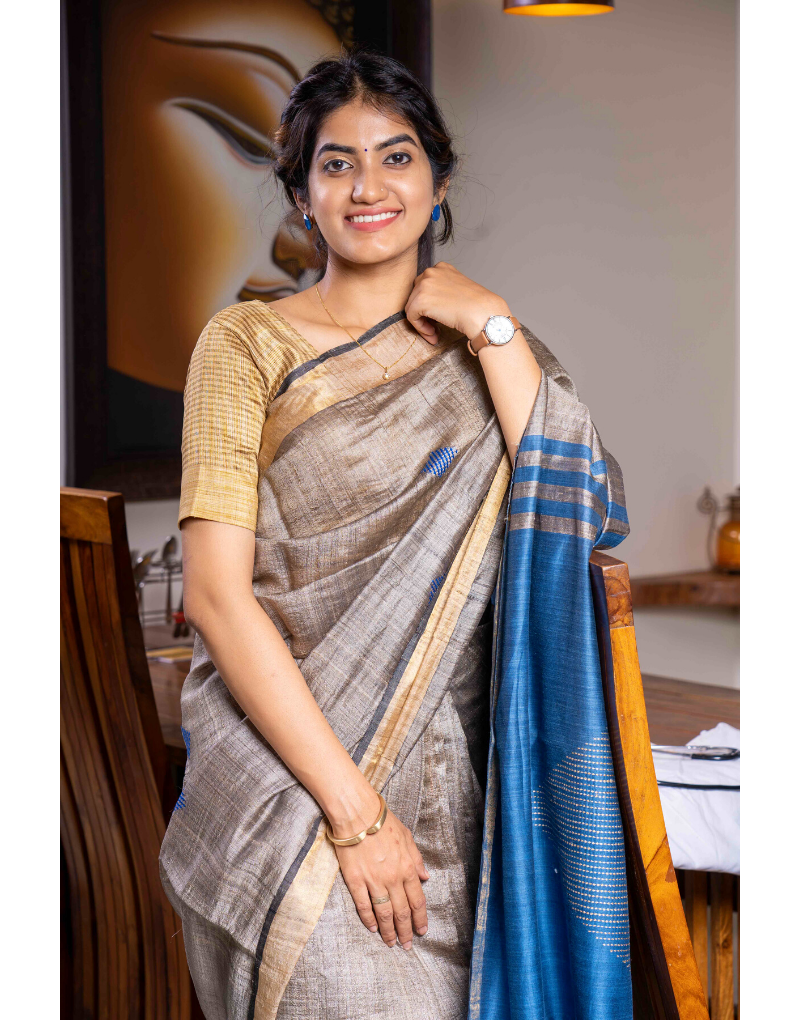 Teal Blue & Beige Tussar Silk Saree