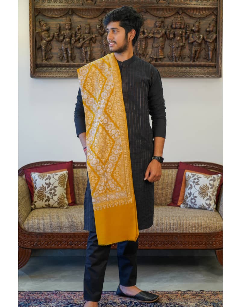 Mustard with silver and gold embroidery Stole