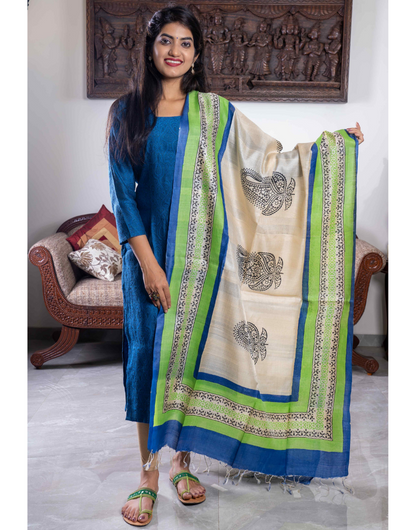 Beige Tussar Dupatta With Blue Green Border