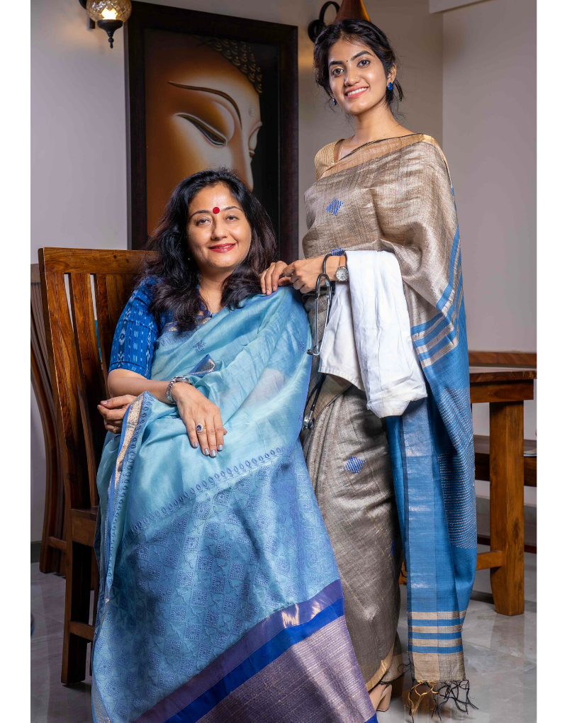 Teal Blue & Beige Tussar Silk Saree