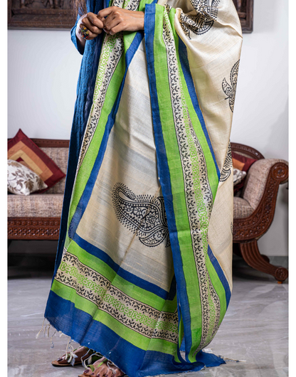 Beige Tussar Dupatta With Blue Green Border