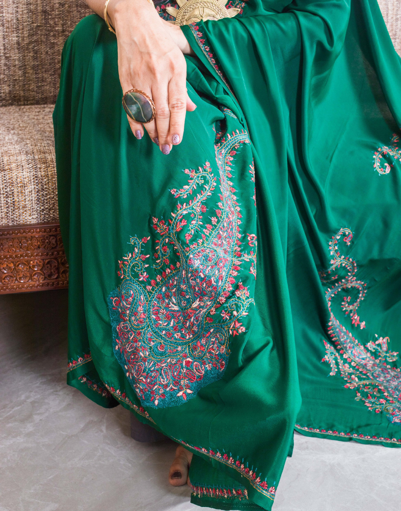 Emerald Green Crepe Saree with Kashmiri Work