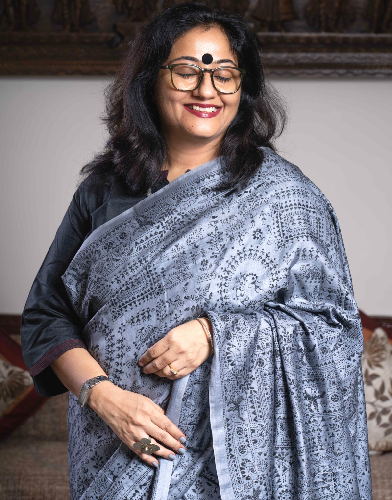 Grey Tussar Saree With Kantha Work