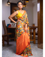 Load image into Gallery viewer, Pure Silk Floral Printed Orange &amp; Yellow Saree
