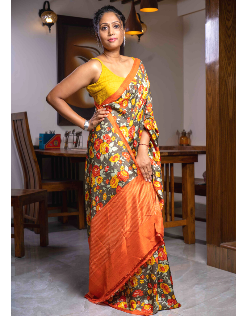 Pure Silk Floral Printed Orange & Yellow Saree